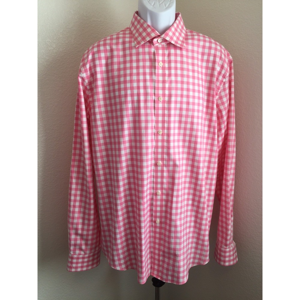 Pink and White check bright‎ ferrell reed textured made in USA size 17 1/2